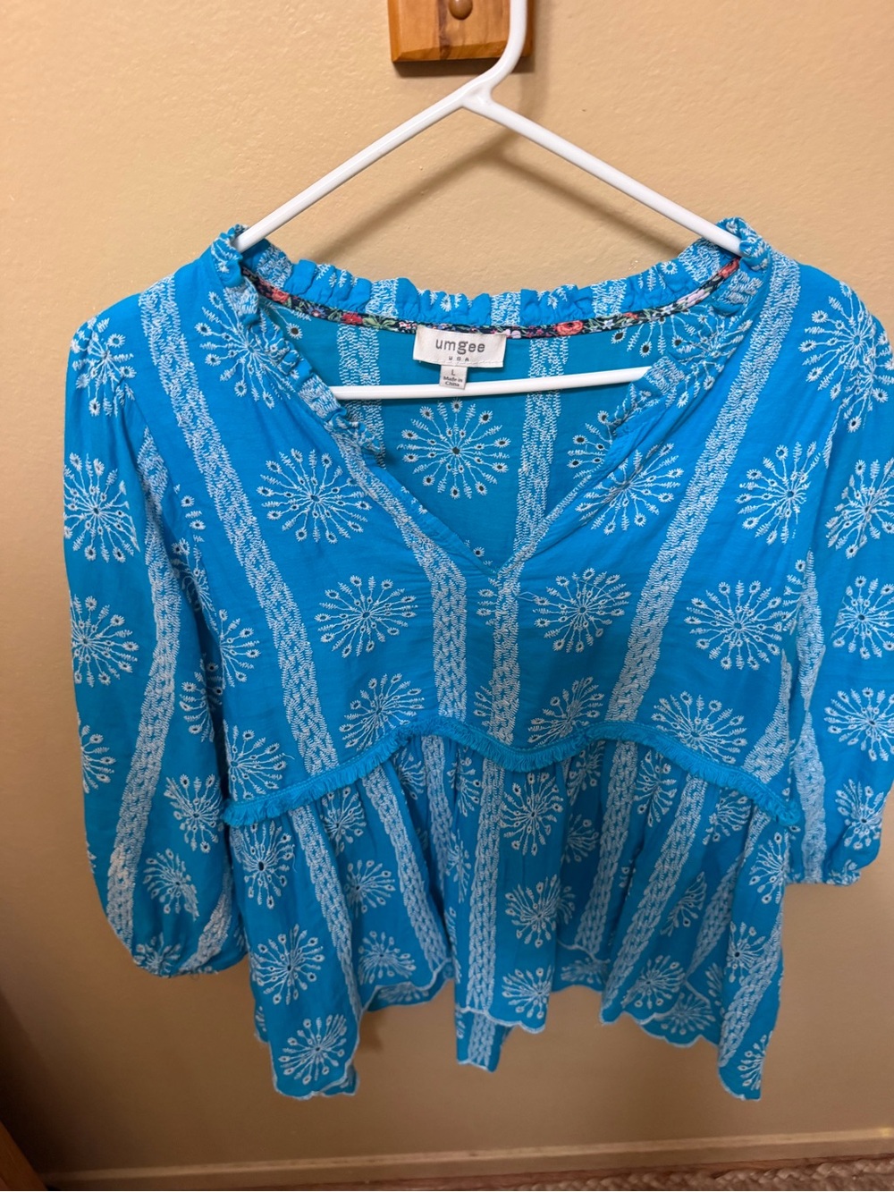 Umgee Turquoise Blue White Printed Peasant Tunic
